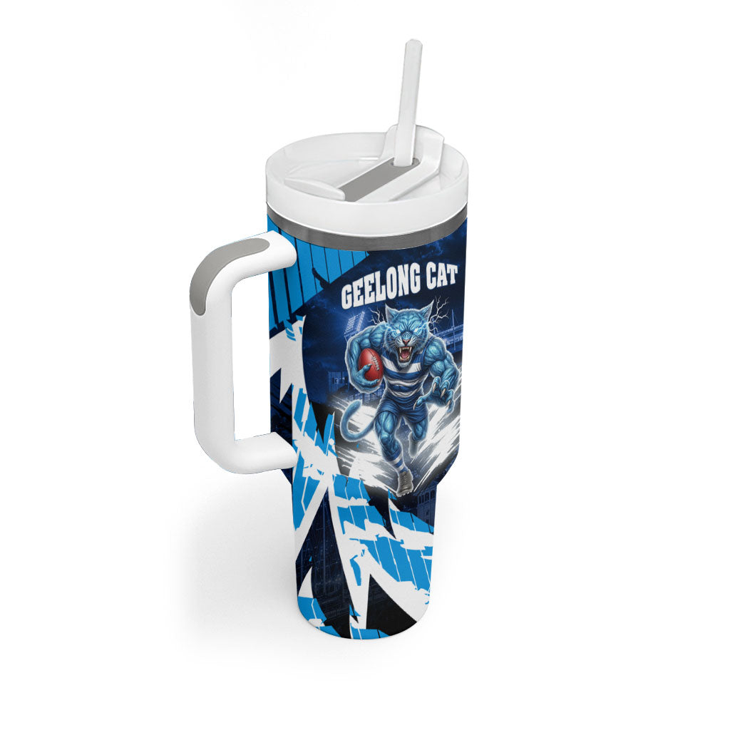Personalised Geelong Cat Football Tumbler With Handle Electric Blue Mascot Charging Cityscape
