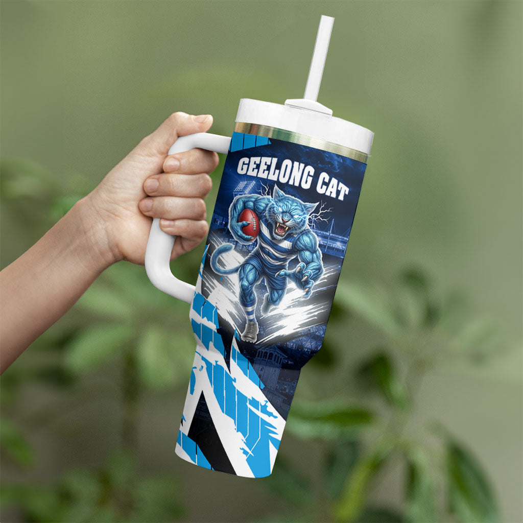 Personalised Geelong Cat Football Tumbler With Handle Electric Blue Mascot Charging Cityscape