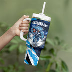 Personalised Geelong Cat Football Tumbler With Handle Electric Blue Mascot Charging Cityscape
