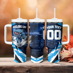 Personalised Geelong Cat Football Tumbler With Handle Electric Blue Mascot Charging Cityscape
