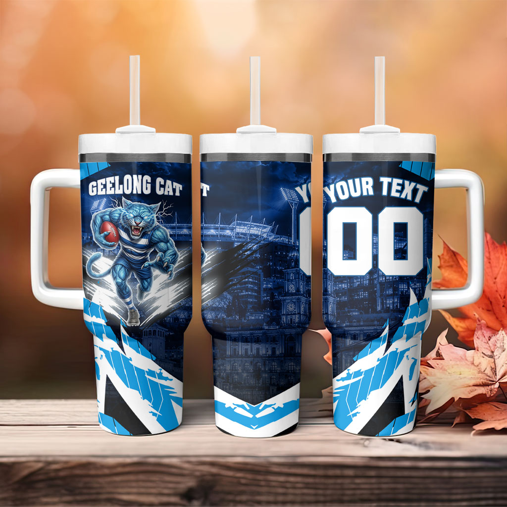 Personalised Geelong Cat Football Tumbler With Handle Electric Blue Mascot Charging Cityscape