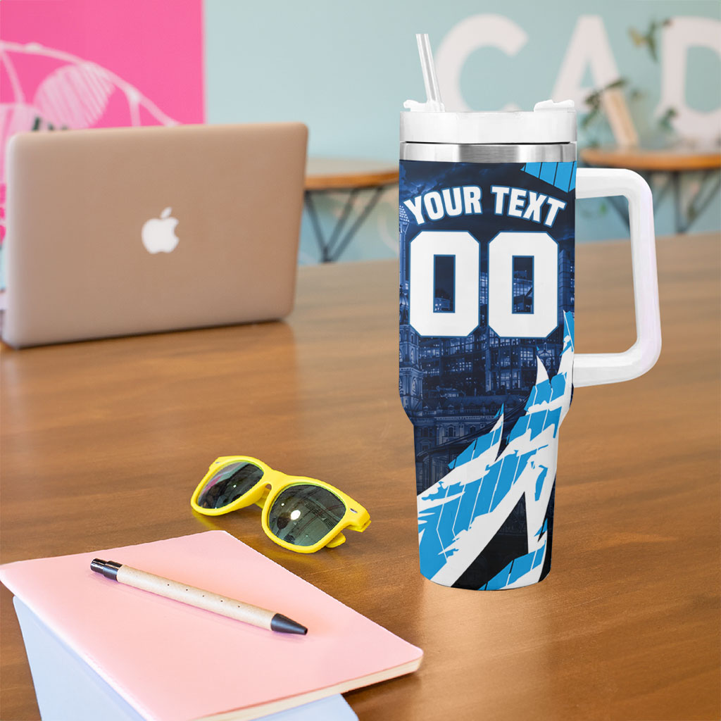 Personalised Geelong Cat Football Tumbler With Handle Electric Blue Mascot Charging Cityscape