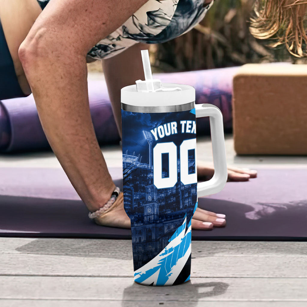 Personalised Geelong Cat Football Tumbler With Handle Electric Blue Mascot Charging Cityscape