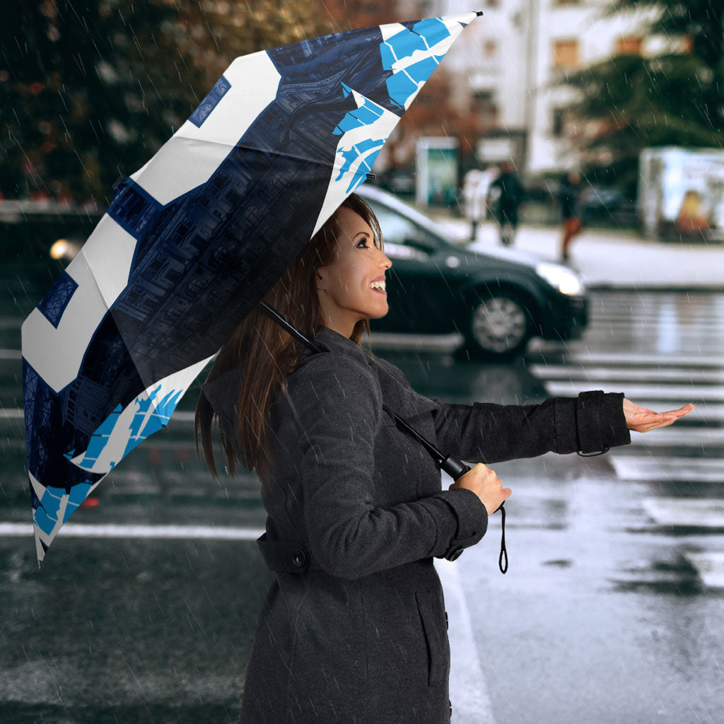 Personalised Geelong Cat Football Umbrella Electric Blue Mascot Charging Cityscape