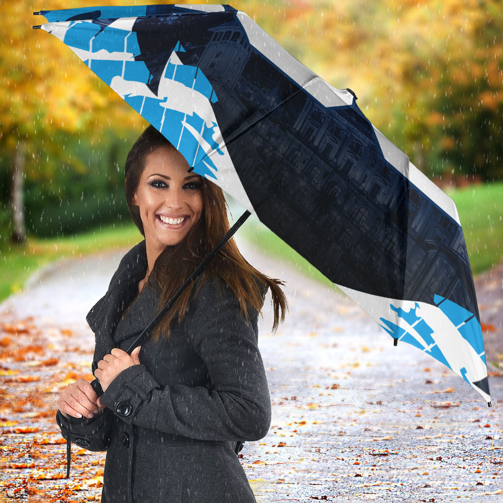 Personalised Geelong Cat Football Umbrella Electric Blue Mascot Charging Cityscape