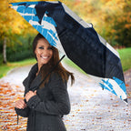 Personalised Geelong Cat Football Umbrella Electric Blue Mascot Charging Cityscape