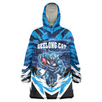 Personalised Geelong Cat Football Wearable Blanket Hoodie Electric Blue Mascot Charging Cityscape