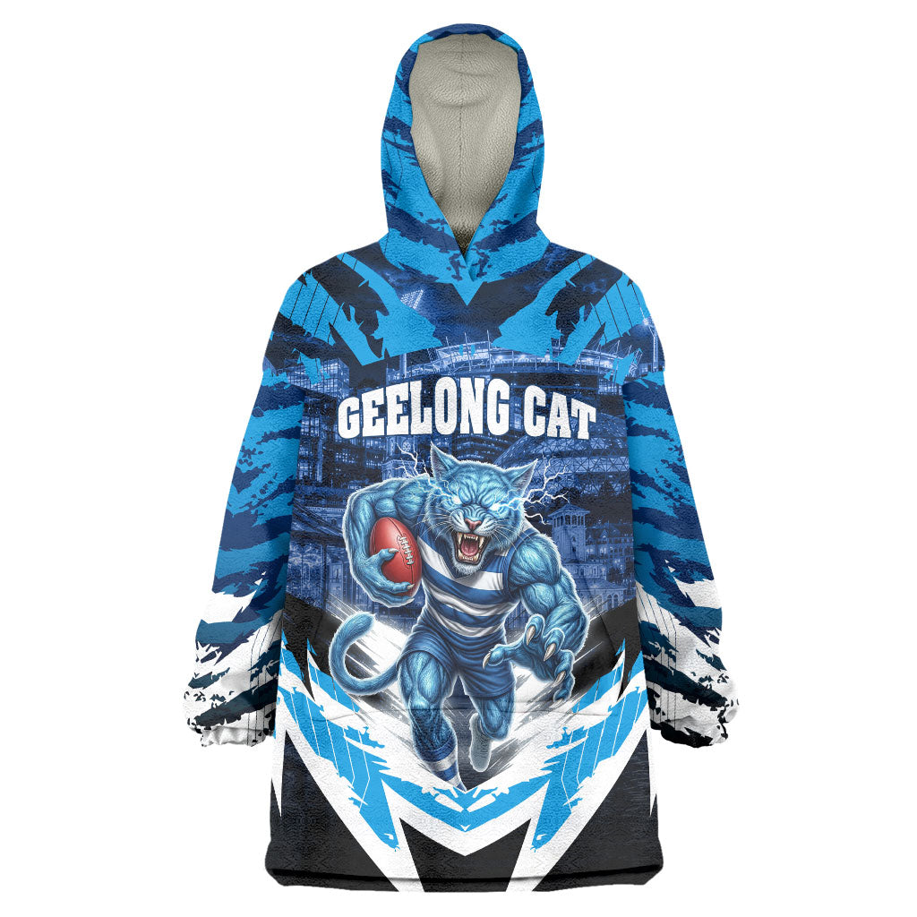 Personalised Geelong Cat Football Wearable Blanket Hoodie Electric Blue Mascot Charging Cityscape