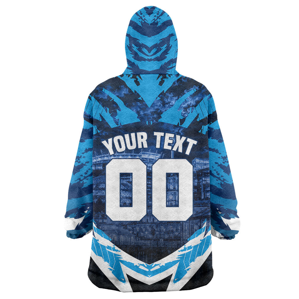 Personalised Geelong Cat Football Wearable Blanket Hoodie Electric Blue Mascot Charging Cityscape