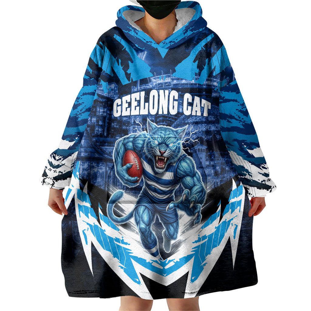 Personalised Geelong Cat Football Wearable Blanket Hoodie Electric Blue Mascot Charging Cityscape