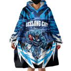Personalised Geelong Cat Football Wearable Blanket Hoodie Electric Blue Mascot Charging Cityscape