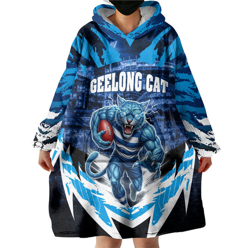 Personalised Geelong Cat Football Wearable Blanket Hoodie Electric Blue Mascot Charging Cityscape