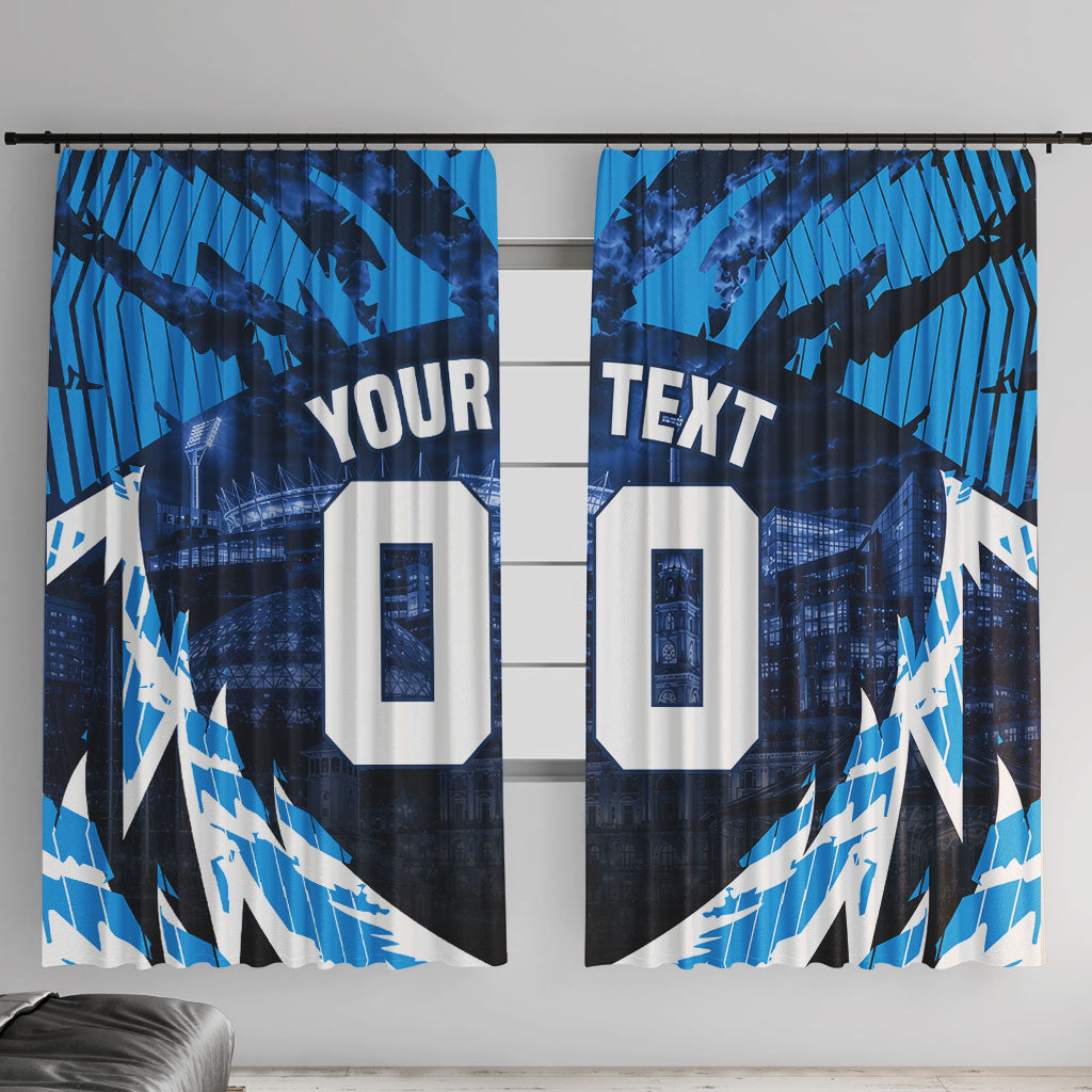 Personalised Geelong Cat Football Window Curtain Electric Blue Mascot Charging Cityscape