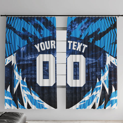 Personalised Geelong Cat Football Window Curtain Electric Blue Mascot Charging Cityscape