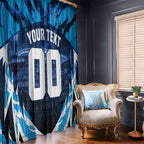 Personalised Geelong Cat Football Window Curtain Electric Blue Mascot Charging Cityscape