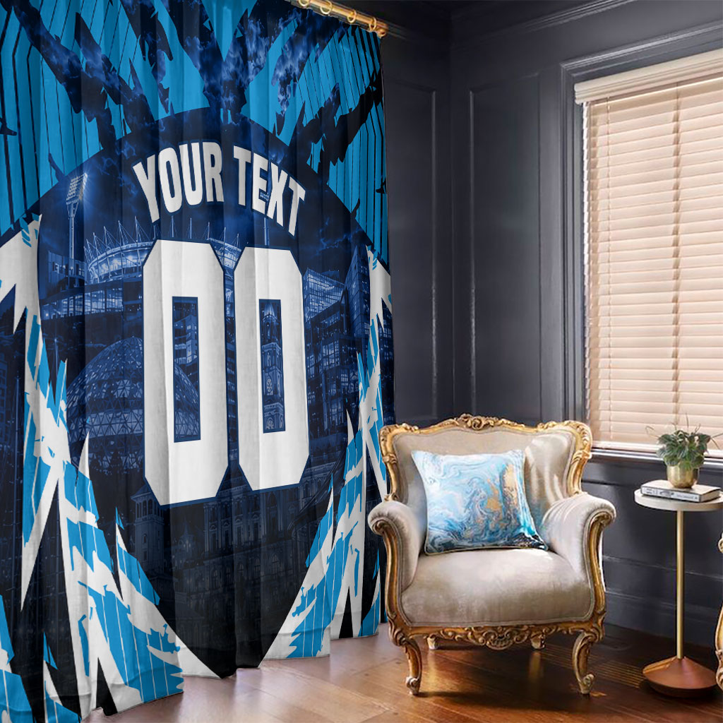 Personalised Geelong Cat Football Window Curtain Electric Blue Mascot Charging Cityscape