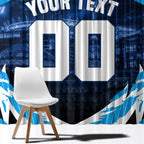 Personalised Geelong Cat Football Window Curtain Electric Blue Mascot Charging Cityscape