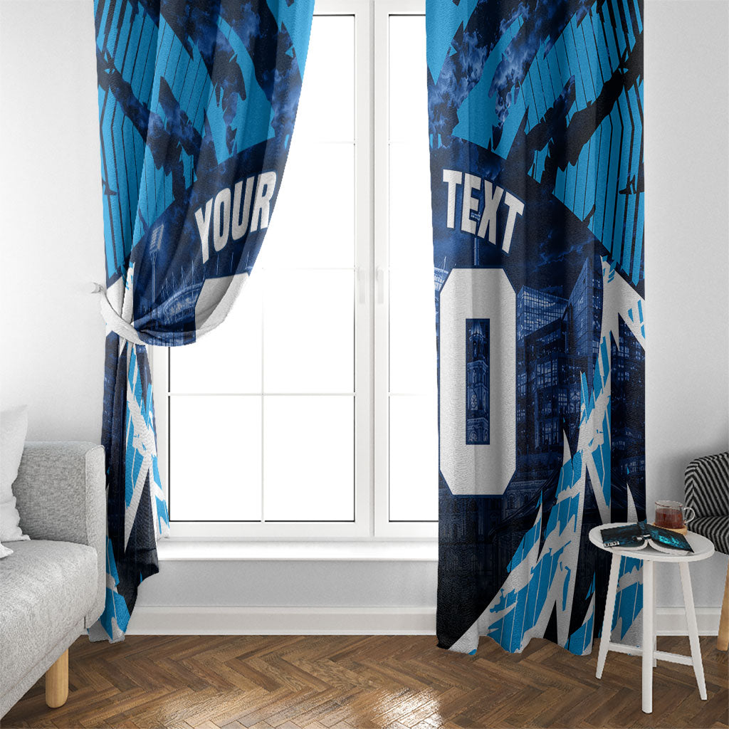 Personalised Geelong Cat Football Window Curtain Electric Blue Mascot Charging Cityscape