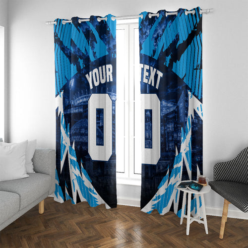 Personalised Geelong Cat Football Window Curtain Electric Blue Mascot Charging Cityscape