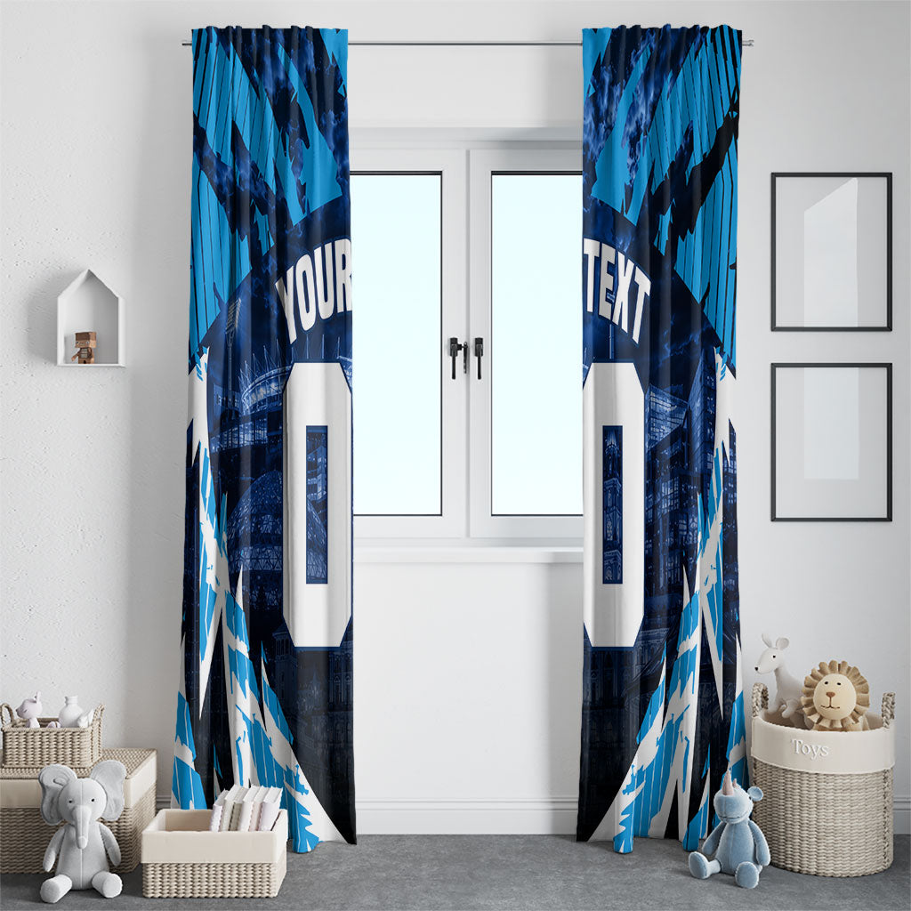 Personalised Geelong Cat Football Window Curtain Electric Blue Mascot Charging Cityscape