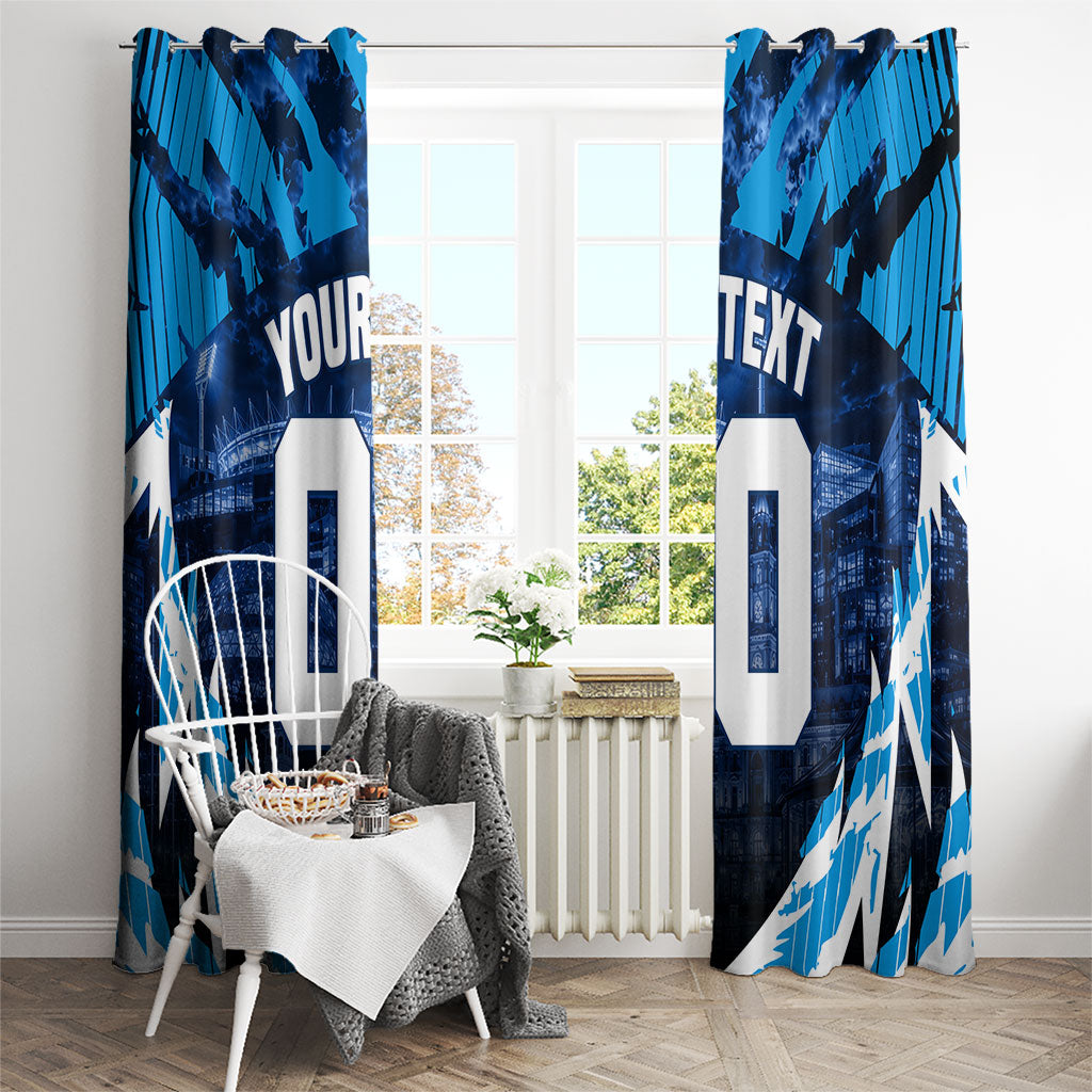 Personalised Geelong Cat Football Window Curtain Electric Blue Mascot Charging Cityscape