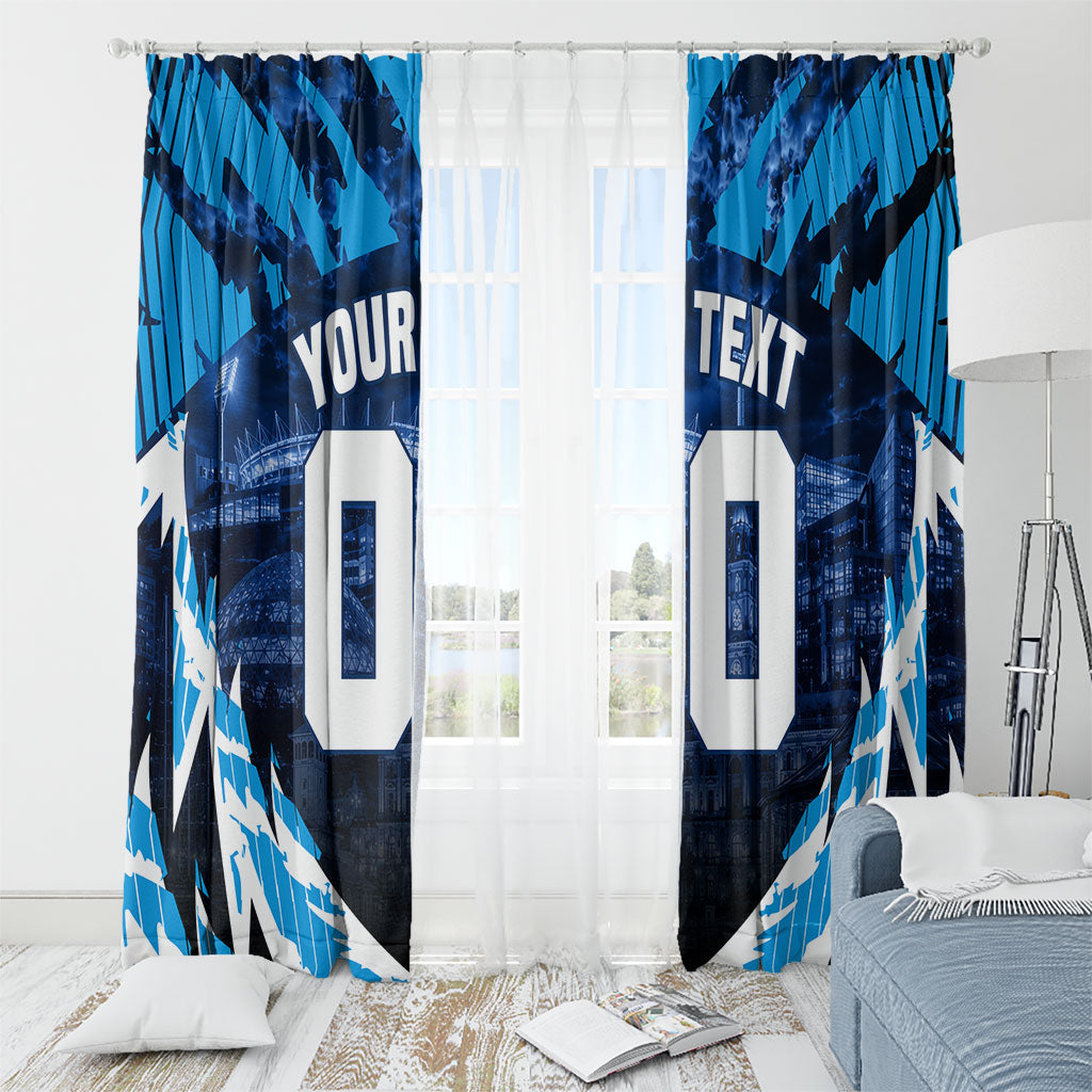 Personalised Geelong Cat Football Window Curtain Electric Blue Mascot Charging Cityscape