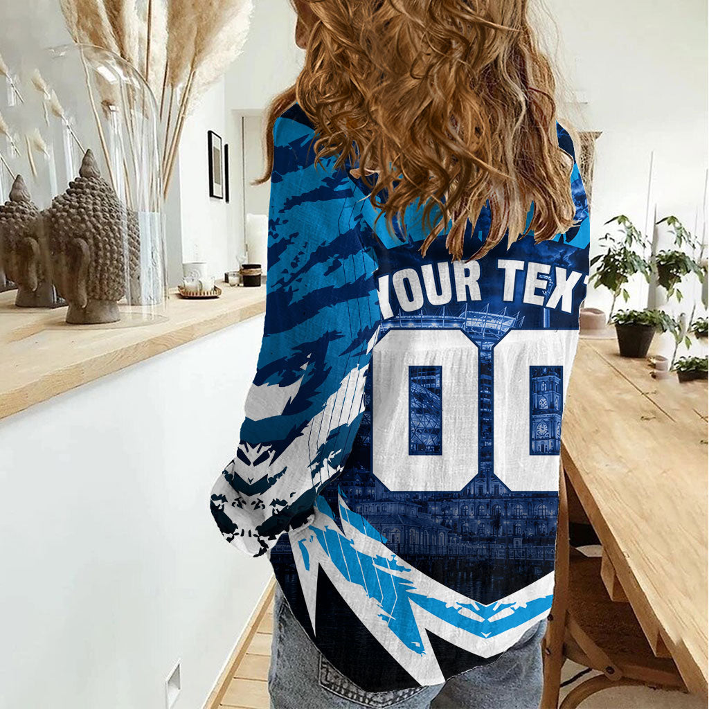 Personalised Geelong Cat Football Women Casual Shirt Electric Blue Mascot Charging Cityscape