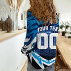 Personalised Geelong Cat Football Women Casual Shirt Electric Blue Mascot Charging Cityscape