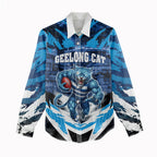 Personalised Geelong Cat Football Women Casual Shirt Electric Blue Mascot Charging Cityscape