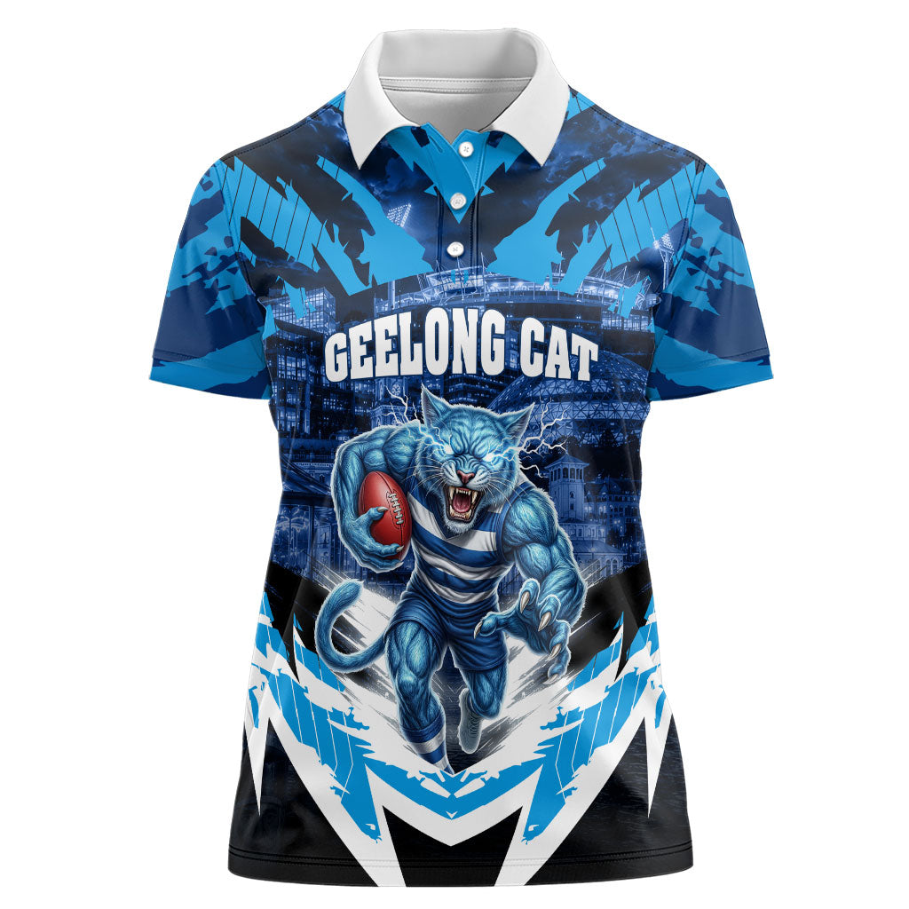 Personalised Geelong Cat Football Women Polo Shirt Electric Blue Mascot Charging Cityscape