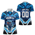 Personalised Geelong Cat Football Women Polo Shirt Electric Blue Mascot Charging Cityscape
