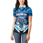 Personalised Geelong Cat Football Women Polo Shirt Electric Blue Mascot Charging Cityscape