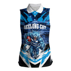Personalised Geelong Cat Football Women Sleeveless Polo Shirt Electric Blue Mascot Charging Cityscape