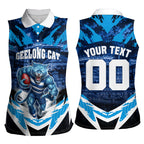 Personalised Geelong Cat Football Women Sleeveless Polo Shirt Electric Blue Mascot Charging Cityscape