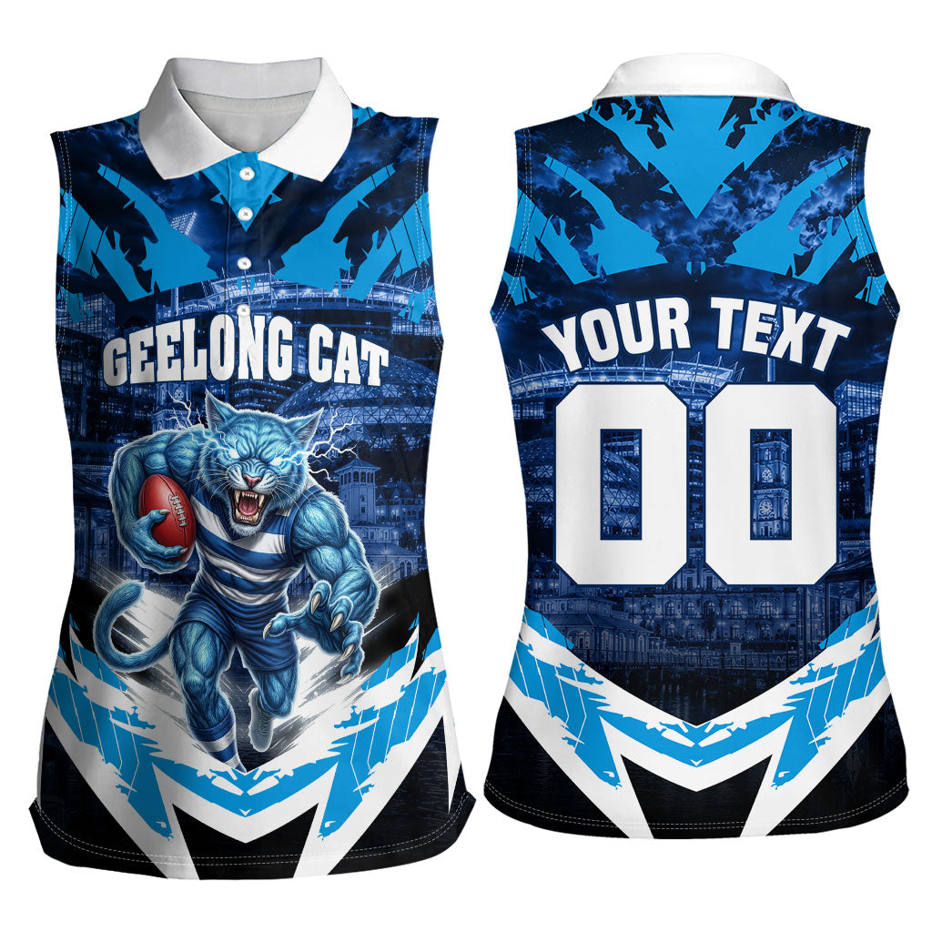 Personalised Geelong Cat Football Women Sleeveless Polo Shirt Electric Blue Mascot Charging Cityscape