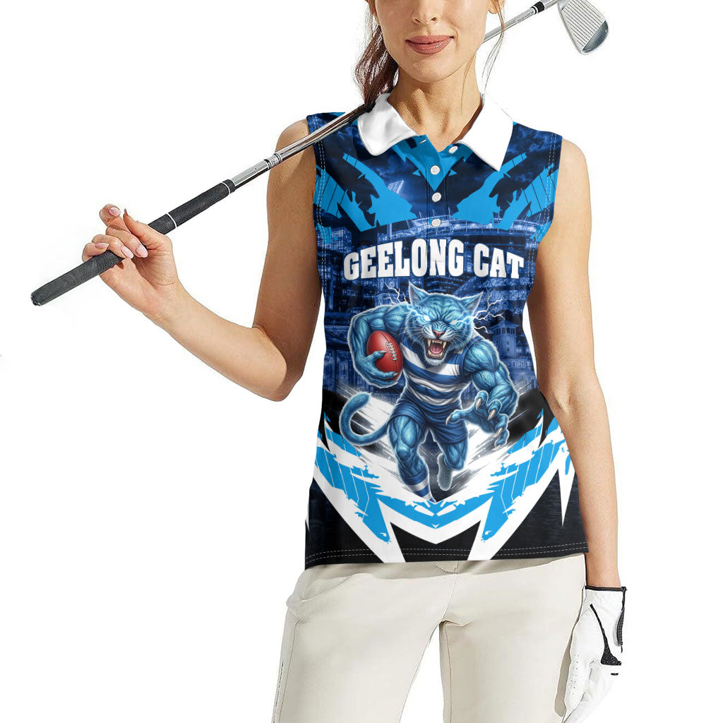 Personalised Geelong Cat Football Women Sleeveless Polo Shirt Electric Blue Mascot Charging Cityscape