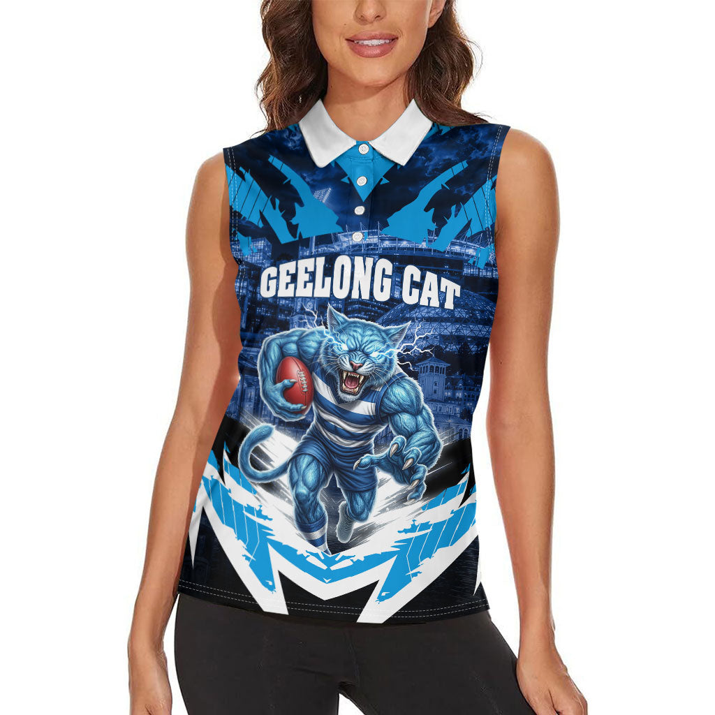 Personalised Geelong Cat Football Women Sleeveless Polo Shirt Electric Blue Mascot Charging Cityscape