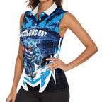 Personalised Geelong Cat Football Women Sleeveless Polo Shirt Electric Blue Mascot Charging Cityscape