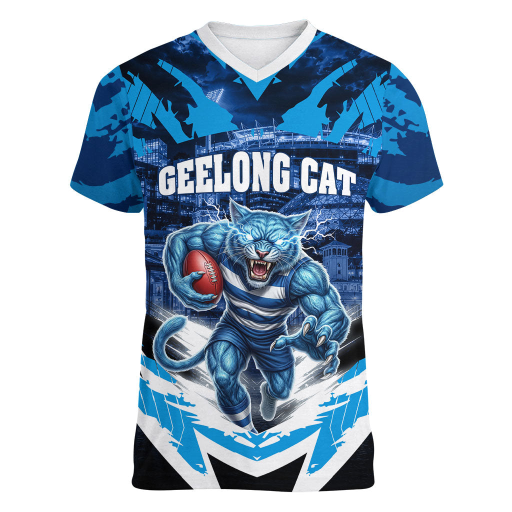 Personalised Geelong Cat Football Women V-Neck T-Shirt Electric Blue Mascot Charging Cityscape