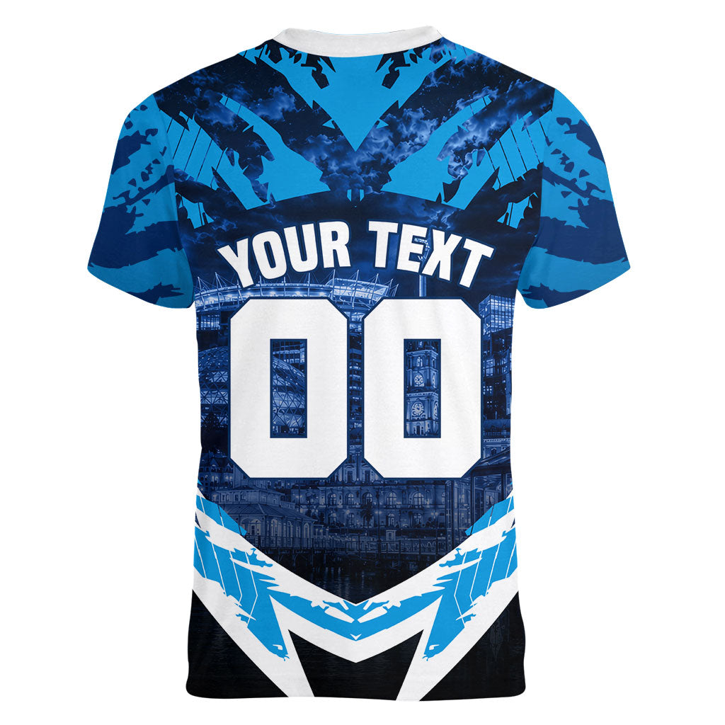 Personalised Geelong Cat Football Women V-Neck T-Shirt Electric Blue Mascot Charging Cityscape