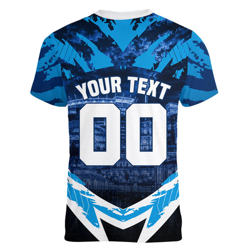 Personalised Geelong Cat Football Women V-Neck T-Shirt Electric Blue Mascot Charging Cityscape