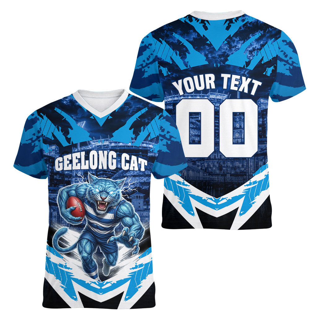 Personalised Geelong Cat Football Women V-Neck T-Shirt Electric Blue Mascot Charging Cityscape