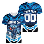 Personalised Geelong Cat Football Women V-Neck T-Shirt Electric Blue Mascot Charging Cityscape