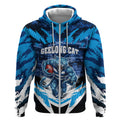 Personalised Geelong Cat Football Zip Hoodie Electric Blue Mascot Charging Cityscape