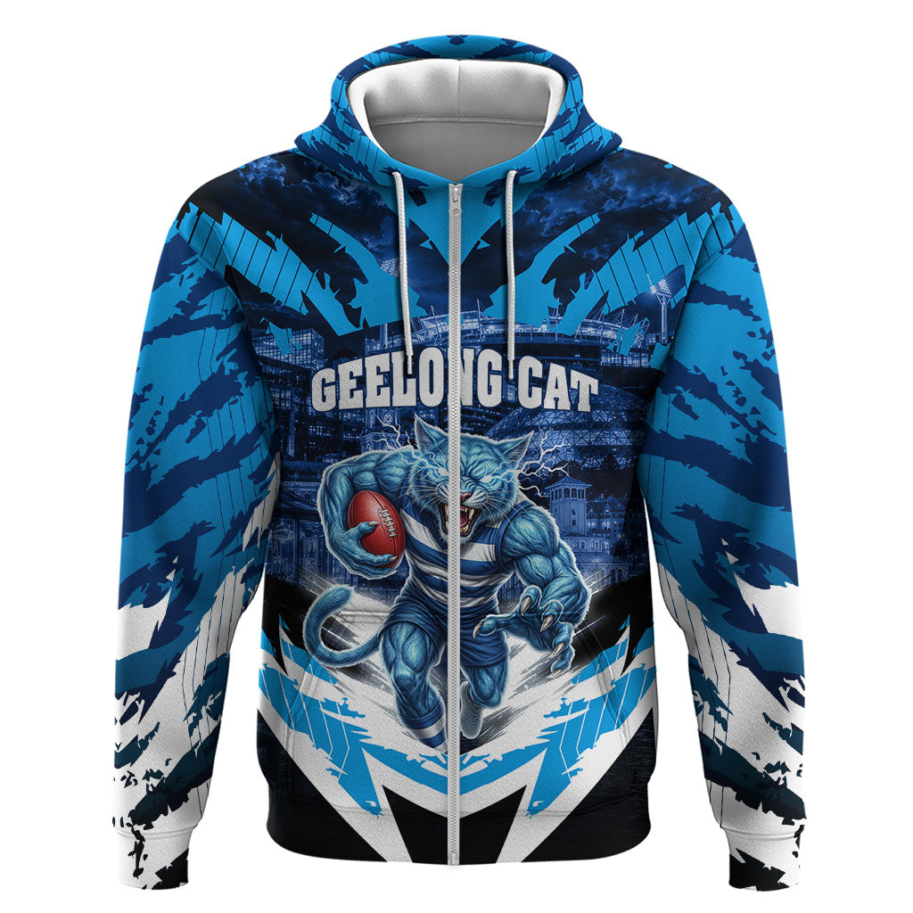 Personalised Geelong Cat Football Zip Hoodie Electric Blue Mascot Charging Cityscape