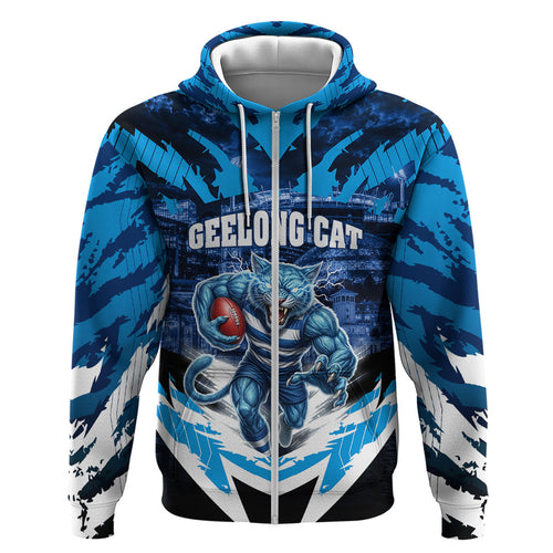 Personalised Geelong Cat Football Zip Hoodie Electric Blue Mascot Charging Cityscape