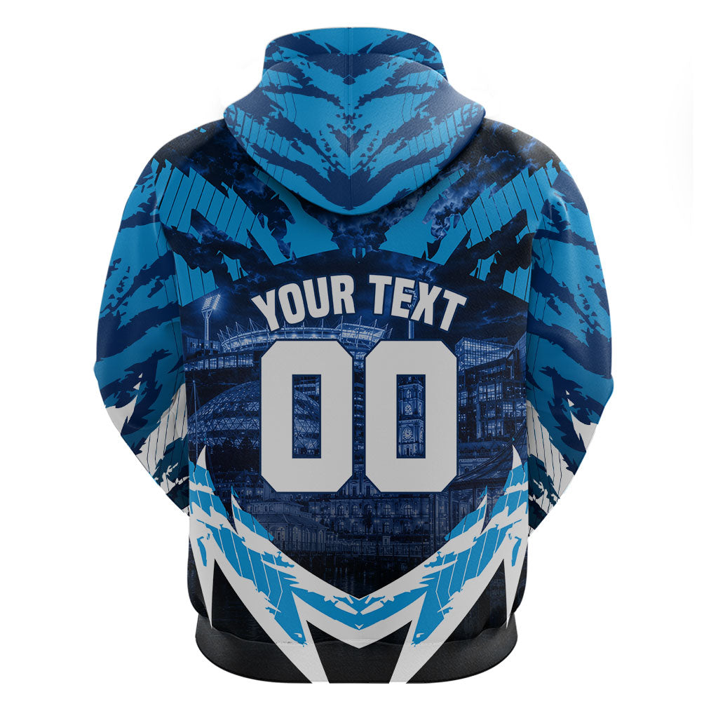 Personalised Geelong Cat Football Zip Hoodie Electric Blue Mascot Charging Cityscape