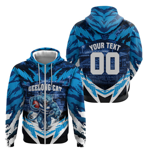 Personalised Geelong Cat Football Zip Hoodie Electric Blue Mascot Charging Cityscape