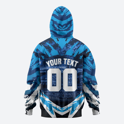 Personalised Geelong Cat Football Zip Hoodie Electric Blue Mascot Charging Cityscape