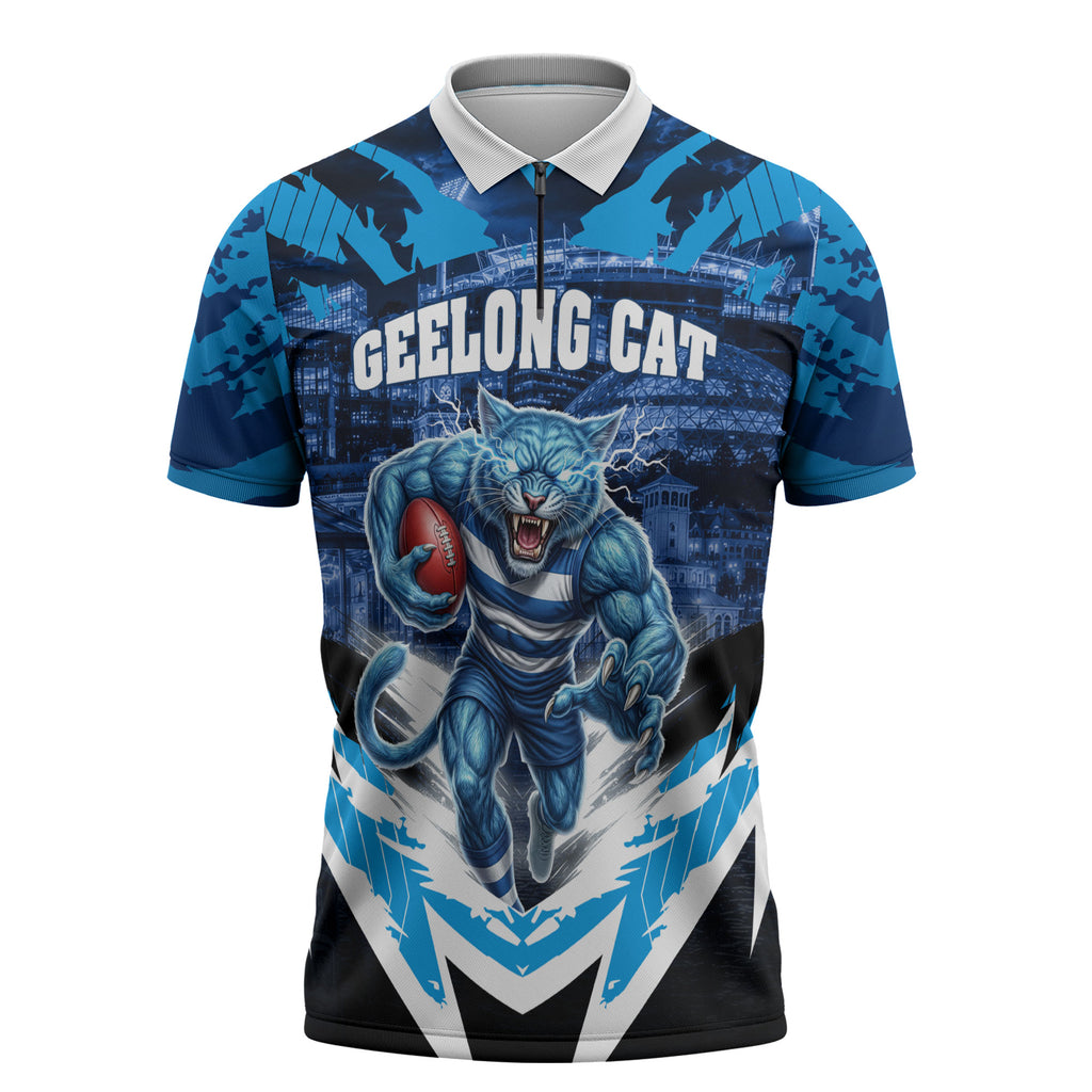 Personalised Geelong Cat Football Zipper Polo Shirt Electric Blue Mascot Charging Cityscape